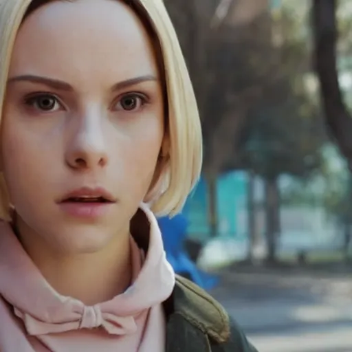 Image similar to film still of a beautiful young woman who looks like a mercy from overwatch in a movie by michel gondry, random background scene
