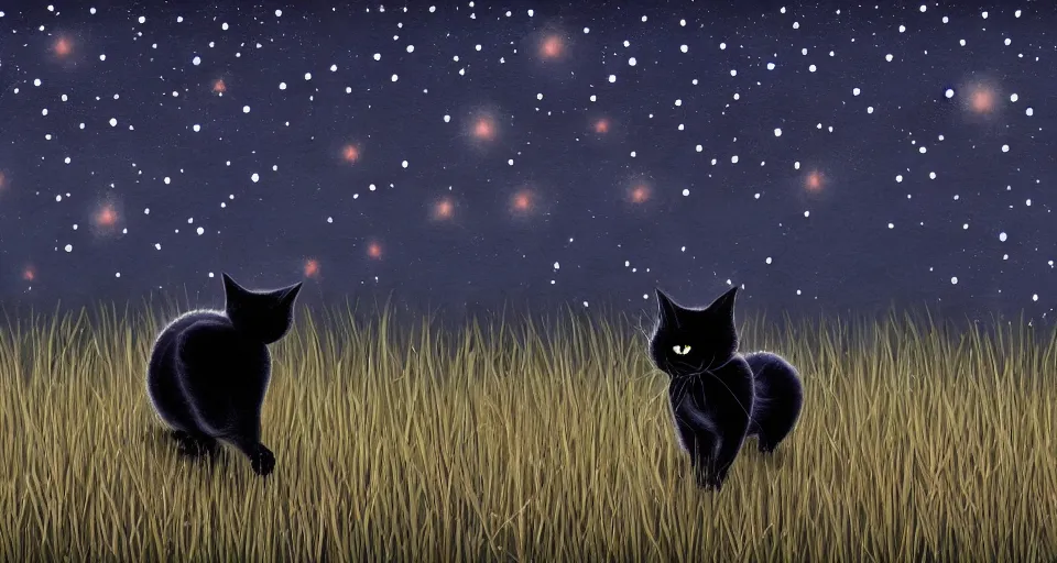 Image similar to black cat walking around in an open field at night with fireflies in the air and lots of stars in the sky, digital painting, highly detailed, magical, trending on artstation