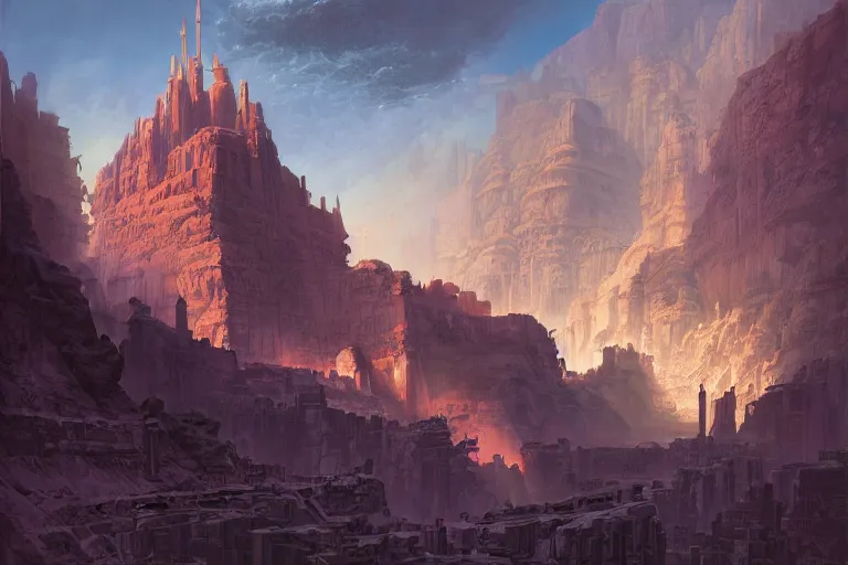 Image similar to a mystical matte painting of an archaic city of ancient persia looming above a canyon by syd mead and peter mohrbacher and james gilleard in the style of hugh ferriss