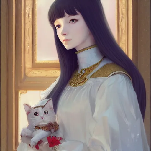 Prompt: portrait of a russian princess in her castle holding a cat in her hand, in the style of ilya kuvshinov and miho hirano, artstation, high quality art, super detail