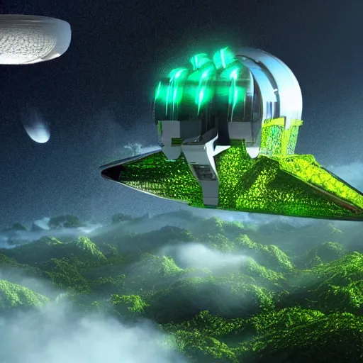 Prompt: futuristic spaceship flying through the atmosphere of a planet, lush green rainforest below, artstation, realistic, 8k, highly detailed