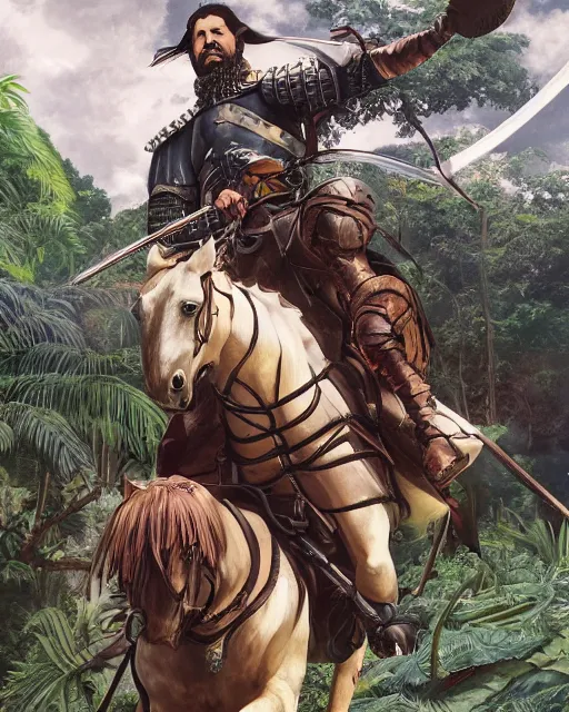 Prompt: ultrareallistic illustration of a spanish conquistador riding a horse in a dense jungle, art by clay mann and takeshi obata, studio ghibli color cheme, portrait, tarot card, sharp focus, unreal engine, detailed, realistic, face