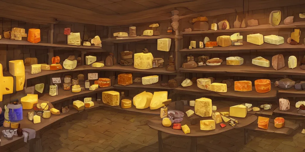 Image similar to fantasy cheese shop interior with shopkeeper