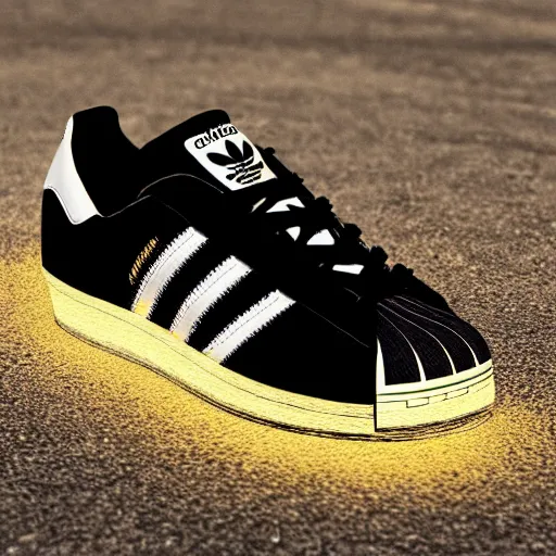 Image similar to adidas superstar shoes, modern technological glowing stripes, sensors in it, realistic photo