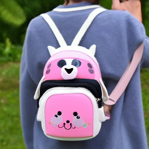 Image similar to some cute plastic toys that look like animal characters hanging from a backpack on a keychain, white, cream, and light pink