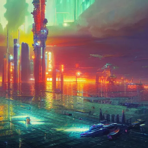 Prompt: a Stunning oil painting of A Great cyberpunk city on the sea by Paul Lehr,concept art,Retro colour,hyper detailed,8K Resolution