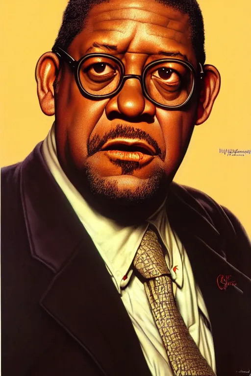 Image similar to forest whitaker by gil elvgren and norman rockwell and rob gonsalves and hajime sorayama, hyperrealistic, high detail, ultra detailed, highly detailed face, ruffled fabric