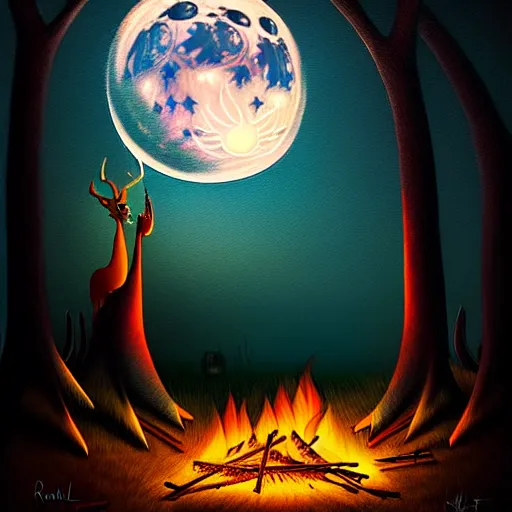 Image similar to strange mythical beasts of sitting around a fire under a full moon, surreal dark uncanny painting by ronny khalil