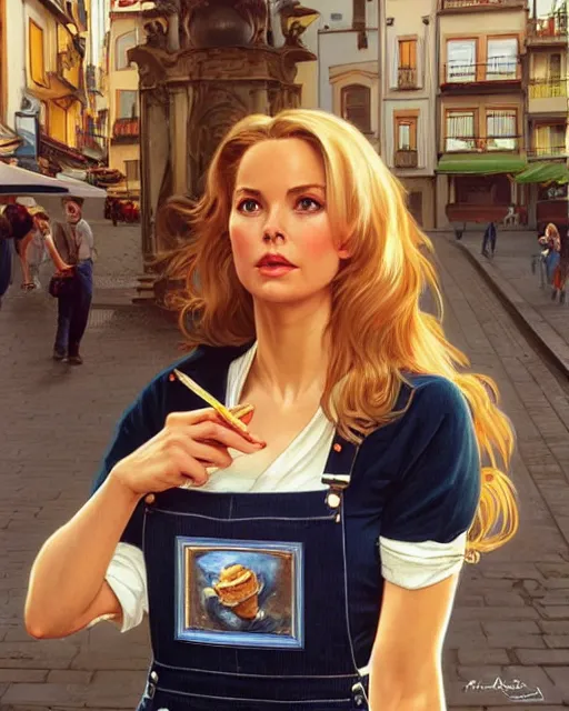 Image similar to portrait of a blonde fuller figured barbara bach from the bond film wearing dungarees and eating ice creams in porto, real life skin, intricate, elegant, highly detailed, artstation, concept art, smooth, sharp focus, art by artgerm and greg rutkowski and alphonse mucha