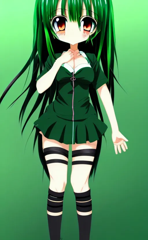 Image similar to anime girl with a detailed face and black hair in a green outfit, full body, trending, low angle, worms eye view, illustration,