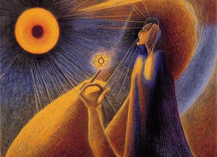 Image similar to a shaman!! woman holding up the cosmic!! universe, by remedios varo, reflection, symbolist, pastel colors, dramatic lighting, smooth, sharp focus, extremely detailed, aesthetically pleasing composition