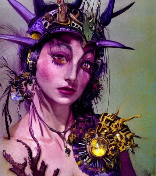 Image similar to princess of the wasteland, scrap metal headdress, strong line, vivid neon color, yellow purple, beautiful! coherent! by brian froud, by frank frazetta, low angle