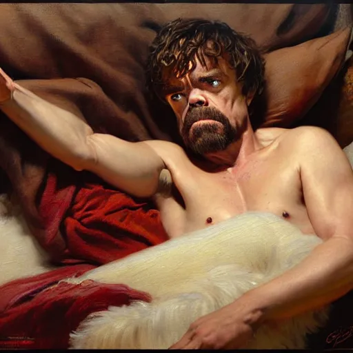 Prompt: peter dinklage is in his bed, nervous and terrified, because a kevin bacon is attacking him. highly detailed painting by gaston bussiere, j. c. leyendecker, greg rutkowski, craig mullins 8 k