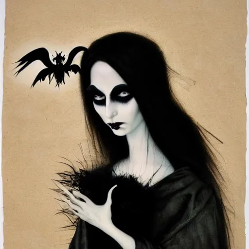 Image similar to portrait soft light, goth woman as mysterious supervillain and and black veil and modestly clothed victorian goth, black feathers instead of hair, black wings instead of arms, gray mottled skin, black feathers growing out of skin, transforming, by tim burton and brian froud, german expressionist, paintbrush, rough paper, fine,