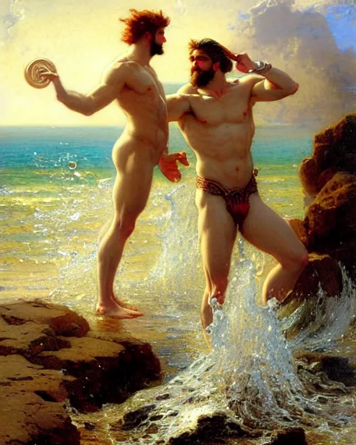 Image similar to attractive god neptune splashing water on handsome god poseidon during low tide at the beach, painting by gaston bussiere, craig mullins, j. c. leyendecker,