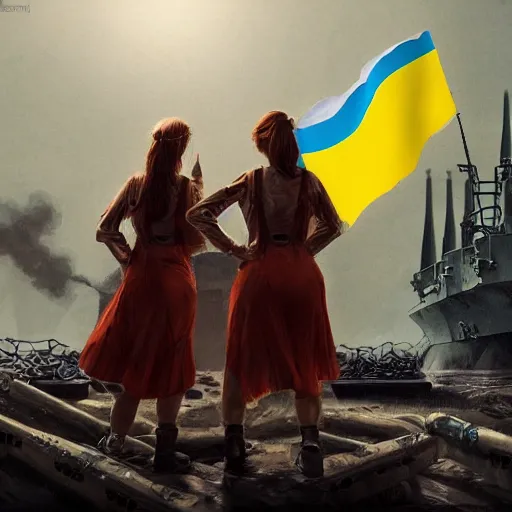 Image similar to ukrainian girls with ukrainian flag near big ruined warship, happy, concept art, trending on artstation, highly detailed, intricate, sharp focus, digital art, 8 k