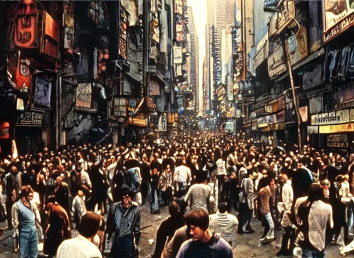 Image similar to crowded city street scene from the 1982 science fiction film Blade Runner