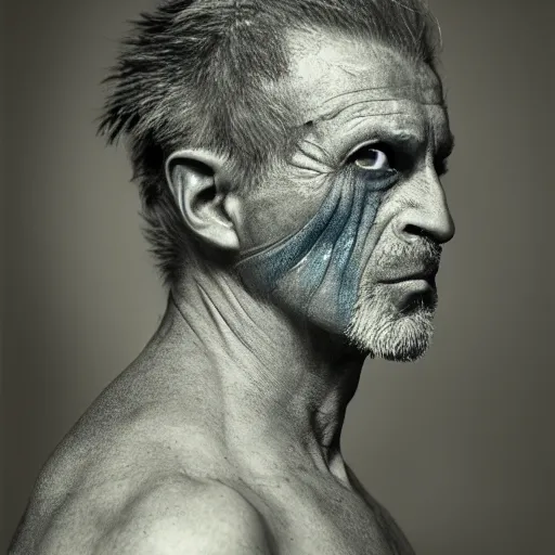 Prompt: portrait of zinogre - human hybrid, head and shoulders shot, by annie leibovitz, portrait of a man, studio lighting