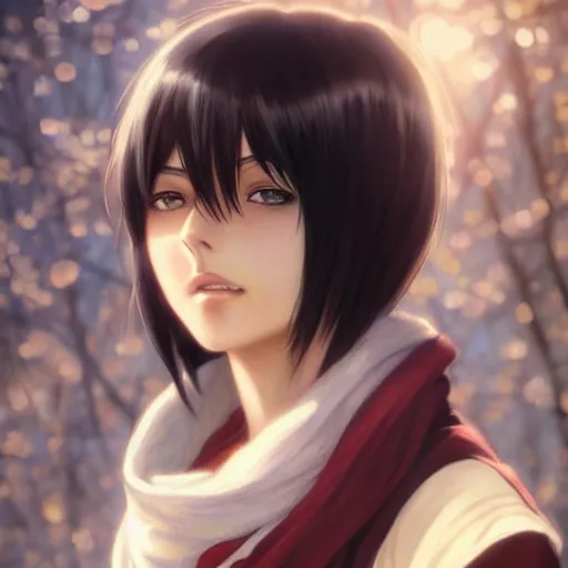 Prompt: mikasa ackerman, bokeh, beautiful face!!!!, 2 7 years old, cg animation, lifelike, animated, realistic, character select portrait, by artgerm, greg rutkowski, alphonse mucha, 3 d