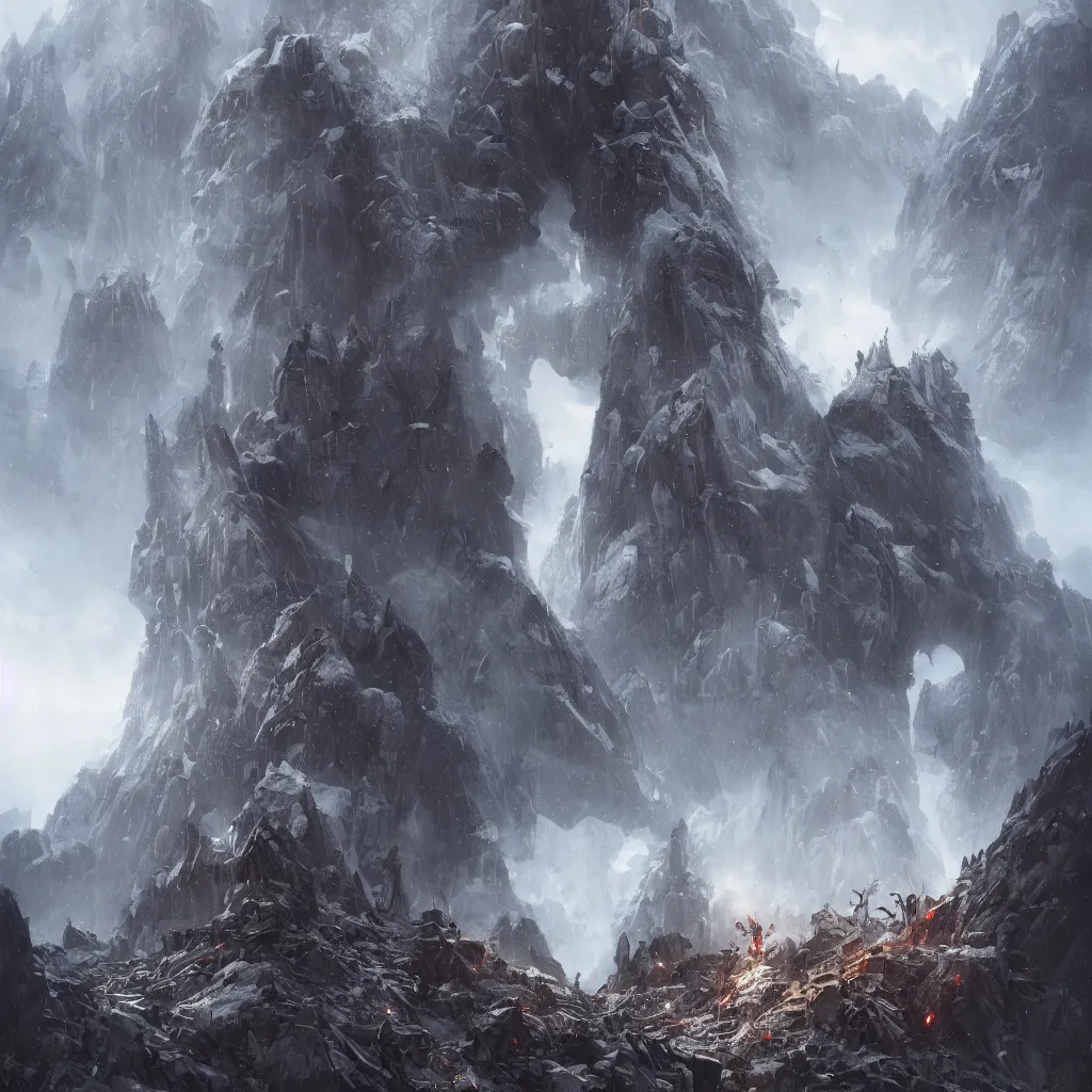 Image similar to a detailed portrait of a giant humanoid robots buried half way in the mountains by Greg Rutkowski, Sung Choi, Mitchell Mohrhauser, Maciej Kuciara, Johnson Ting, Maxim Verehin, Peter Konig, final fantasy, Marco lense , 8k photorealistic, cinematic lighting, HD, high details, atmospheric , trending on artstation