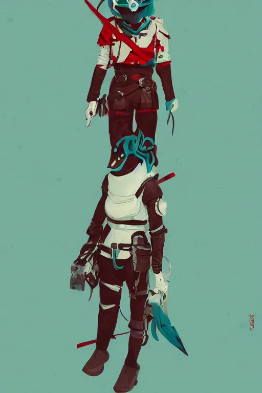 Image similar to female adventurer in tight full - body teal leather armor of japanese design with red accents and a white porcelain crow mask, trending in artstation, japanese, by simon stalenhag, establishing shot