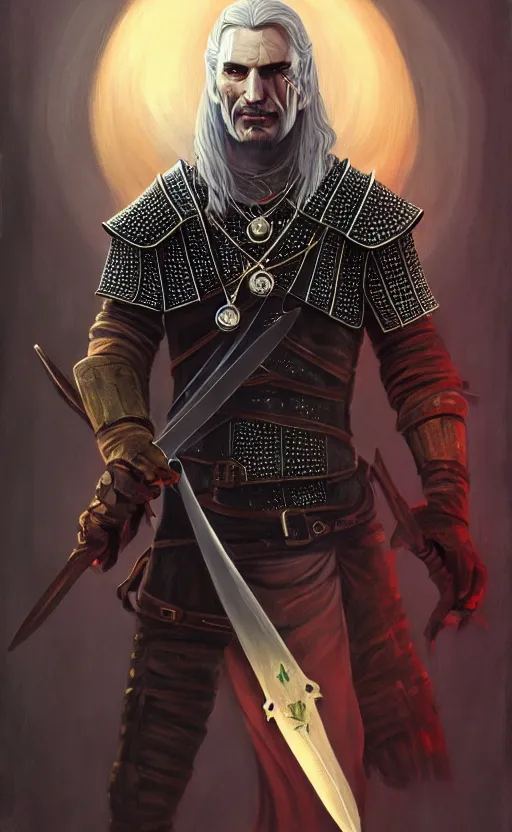 Image similar to an oil drawing of a witcher vampire with great sword in his hand, a character portrait by muggur, disco elysium character, featured on deviantart, fantasy art, concept art, official art, hd mod