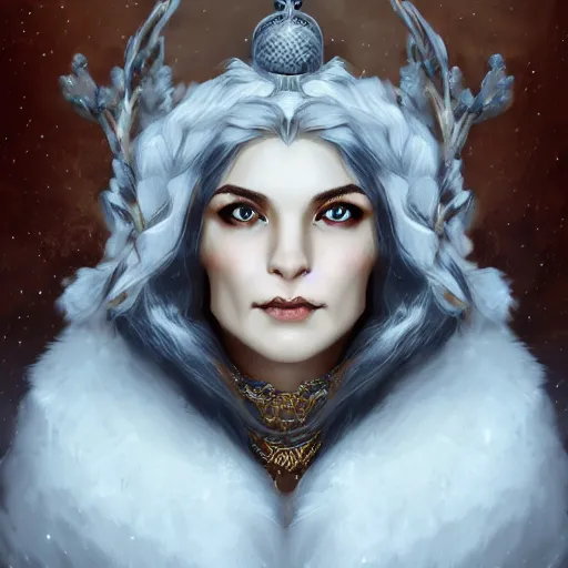 Image similar to auril, goddess of winter, owl faced crone, digital art, trending on artstation, portrait