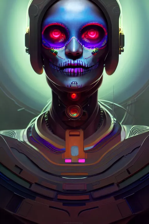 Image similar to ultra detailed, portrait of a female android, sci - fi, triadic color scheme, moody, calm, ( dia de los muertos ), asymmetrical, intricate concept art, art by godmachine and michael welan and dzo and greg rutkowski and alphonse mucha and loish and wlop