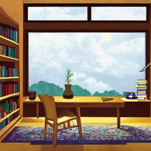 Image similar to a peaceful room with a desk and bookshelves, calm and serene, with rain visible through the windows of the room. Digital art by studio ghibli