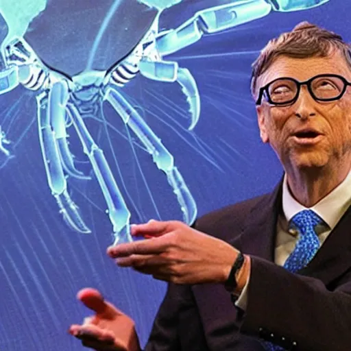 Prompt: bill gates riding a robotic crab shooting lasers from his eyes