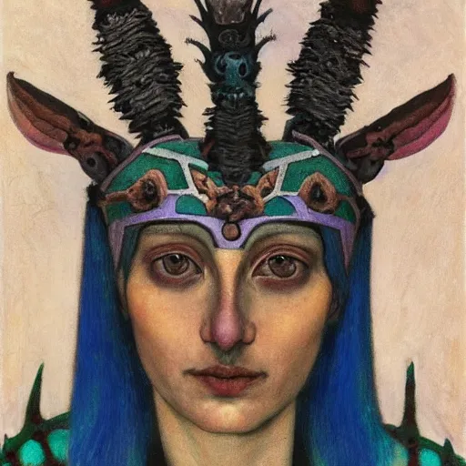 Image similar to the bone crown, the crow crown, by Annie Swynnerton and Nicholas Roerich and Diego Rivera, bioluminescent skin, elaborate costume, geometric ornament, symbolist, cool colors like blue and green and violet, smooth, sharp focus, extremely detailed