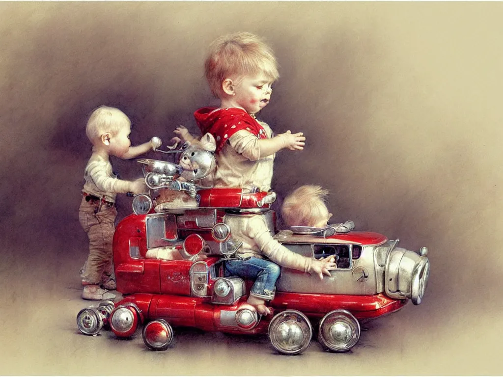 Image similar to toddler ( ( ( ( ( 2 0 2 2 retro future living room. muted colors. toys laying around ) ) ) ) ) by jean baptiste monge, chrome red, chrome silver