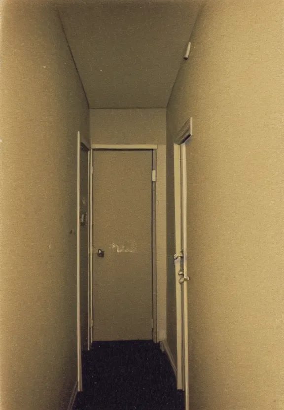 Image similar to a Polaroid photo of an ominous endless space of empty connecting rooms with vanilla colored wallpaper and brown carpet, no windows