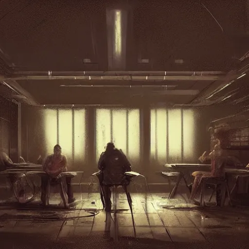 Image similar to concept art by greg rutkowski, a very tall, and slender man with short black hair, sitting with the crew in the ship's dining room, brutalist futuristic interior, dark lighting atmosphere, detailed portraits, nostalgic atmosphere, scifi, digital painting, artstation, concept art, smooth, sharp foccus ilustration, artstation hq