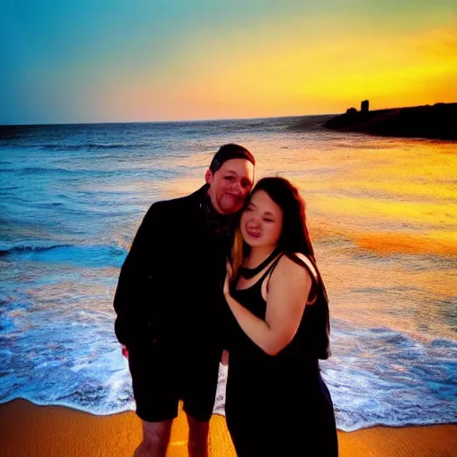 Prompt: cthulu photobombing a romantic selfie on a beach at sunset