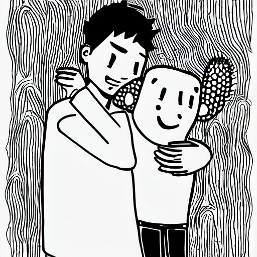 Image similar to sentimental boy hugging a cactus, line art, black and white