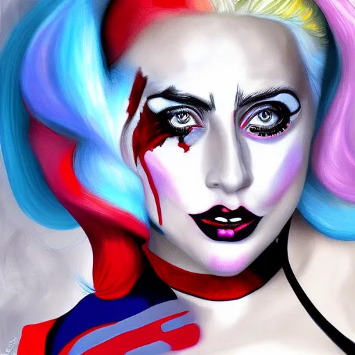 Image similar to Lady Gaga as Harley Quinn, digital painting