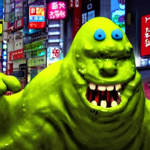 Image similar to a film still of slime monster made of beans attacking tokyo