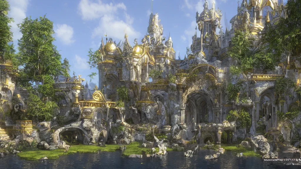 Image similar to entrance of a fabulous marble and gold castle in the sun, surrouoded with mystical gardens, magic clear water, james gurney, unreal engine, artstation