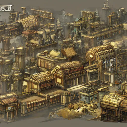 Prompt: Brass city, bird's eye view, clockwork, industrial, cRPG concept art