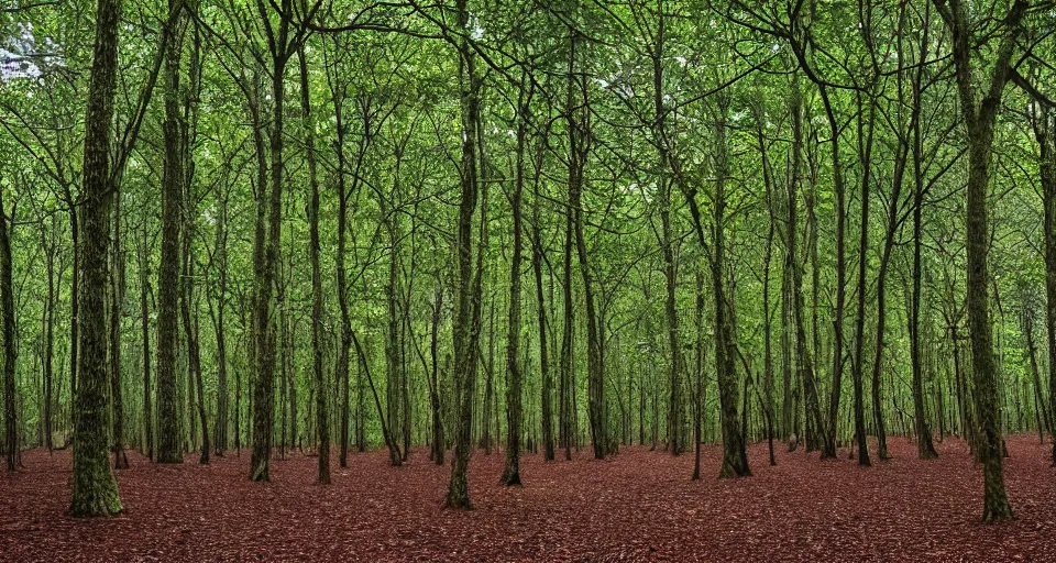 Image similar to deep inside an orderly forest, under the canopy of evenly spaced trees