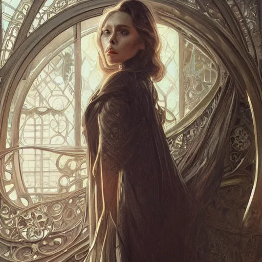 Image similar to full figure ultra realistic illustration, elizabeth olsen as agatha harkness, intricate, elegant, highly detailed, digital painting, artstation, concept art, smooth, sharp focus, illustration, art by artgerm and greg rutkowski and alphonse mucha