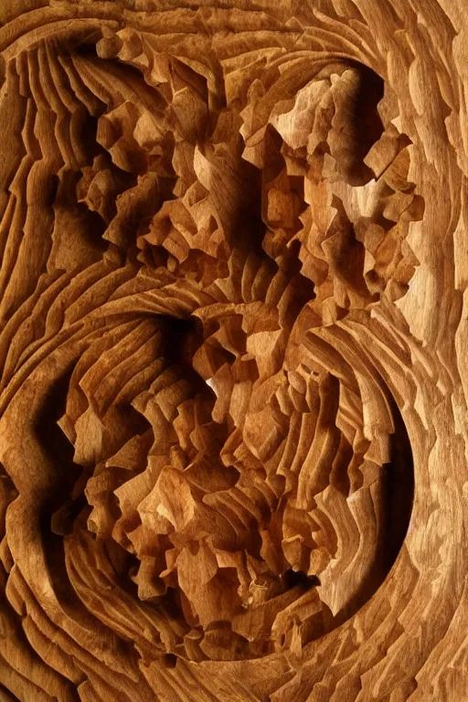 Image similar to non - euclidean labyrynth, abstract wooden carving, realistic, soaked in honeycomb