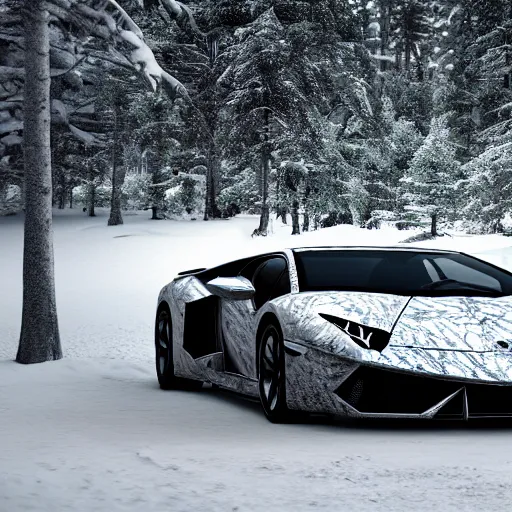 Image similar to ultra detailed lamborghini in a snowy forest with leaves falling, 8 k, octane render, ray traced, global illumination, ultra detailed, photorealistic