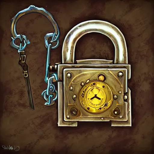 Image similar to a steampunk keyed padlock 🔒 🔑, fantasy digital art, magical background in the style of hearthstone artwork