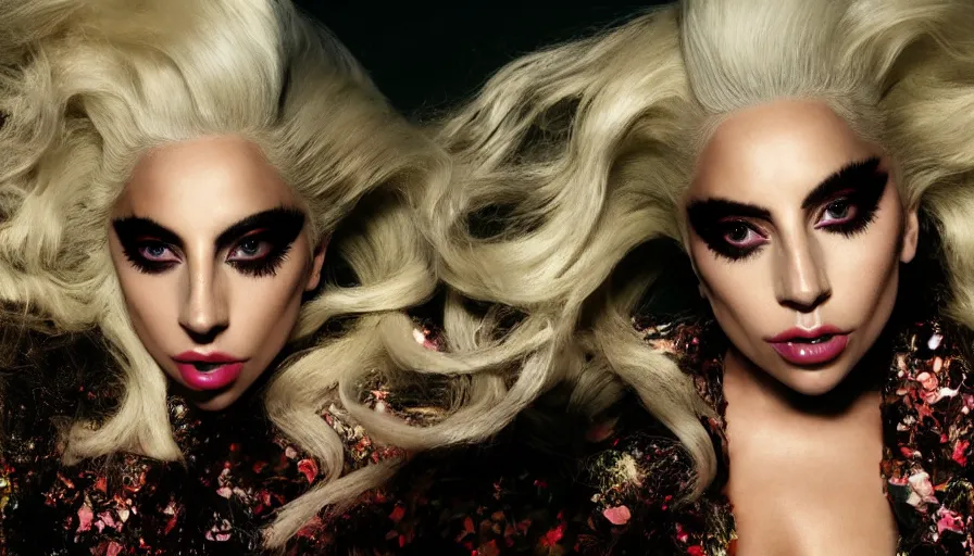 Image similar to lady gaga with long white hair , an album cover by Hedi Xandt, featured on vanity fair, holography, smokey background, matte background, nick knight High resolution. Highly detailed. Dramatic. 8k.4k.