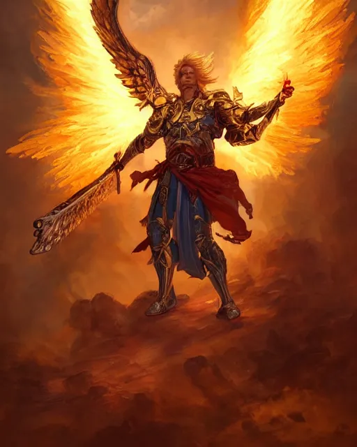Prompt: character portrait of a brawny male warrior angel of justice, with fiery golden wings of flame, wearing shining armor, wielding a flaming sword and holding a kite shield, by peter mohrbacher, mark brooks, jim burns, wadim kashin, greg rutkowski, larry elmore, trending on artstation