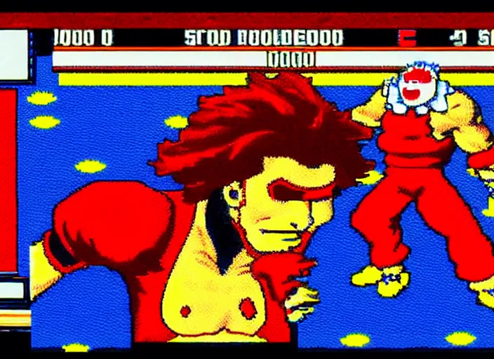 Prompt: screenshot of ronald mcdonald, white face, red afro, red nose and yellow outfit as an enemy in streets of rage video game, sega genesis video game