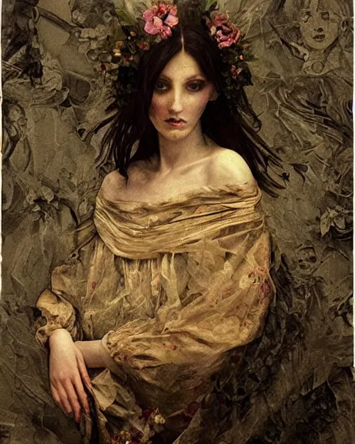 Image similar to a beautiful and eerie baroque painting of a beautiful but serious woman in layers of fear, with haunted eyes and dark hair piled on her head, 1 9 7 0 s, seventies, floral wallpaper, wilted flowers, a little blood, morning light showing injuries, delicate ex embellishments, painterly, offset printing technique