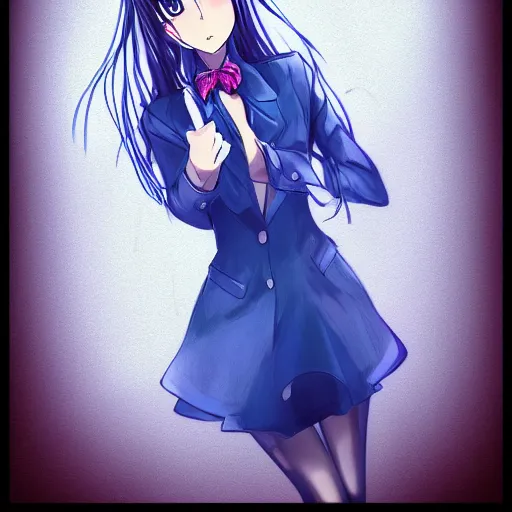 Image similar to a woman in a blue dress with a tie around her neck, an anime drawing by Jin Homura, featured on pixiv, lyco art, pixiv, anime, deviantart hd